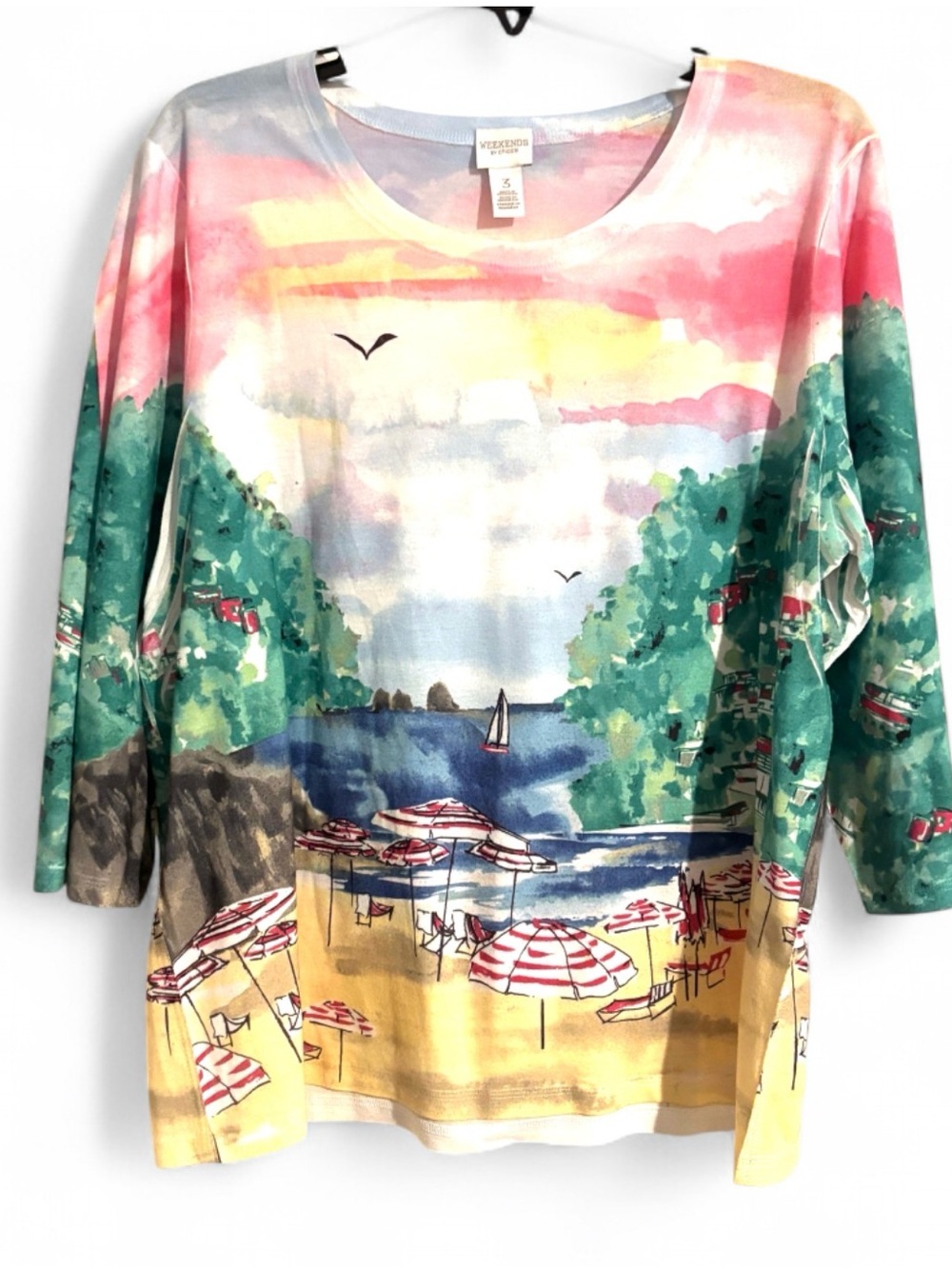 Gorgeous Chico’s  3/4 Sleeve Beach Scene Top Size 3 Pink,Gold Green Blue Coastal